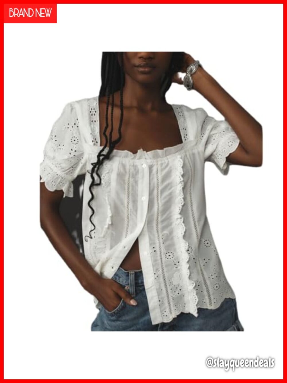 Women Y2K Square Neck Blouse Crop Top Button Up Puff Sleeve Ruffle Trim Shirt